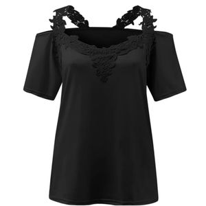 Lace Trim Cold Shoulder Top Short Sleeve Black Size Medium